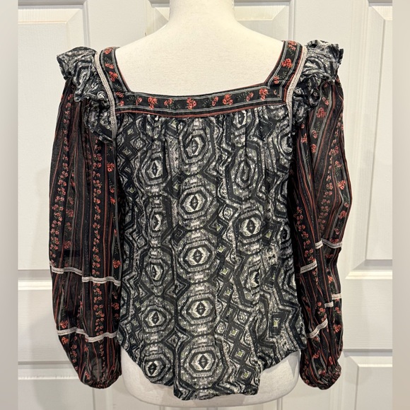 Free People Made In India Mixed Print Puff Sleeve Boho Blouse Size S Cotton - Picture 6 of 10